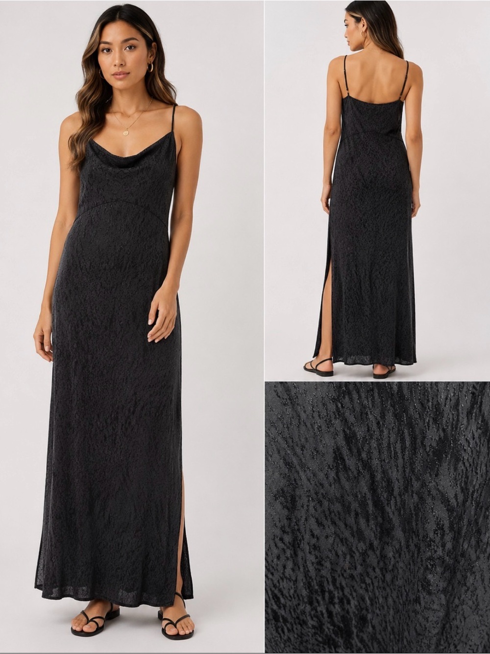 Anthropologie Black Textured Maxi Slip Dress Side Slits US 8